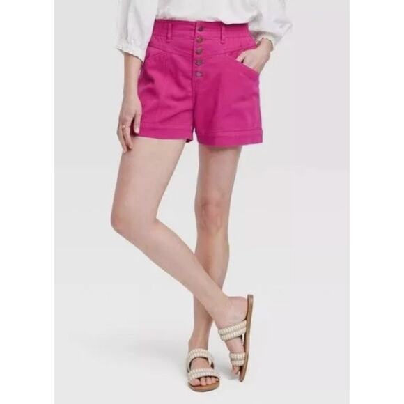 2/$15 Knox Rose High Waist Shorts Magenta Pink Button Fly Elastic Waist Size L - Picture 1 of 9